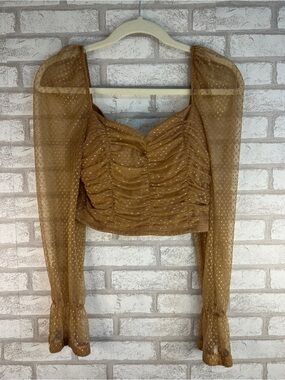 Chocolate Sheer Ruched Long-Sleeve Crop Top in Tan